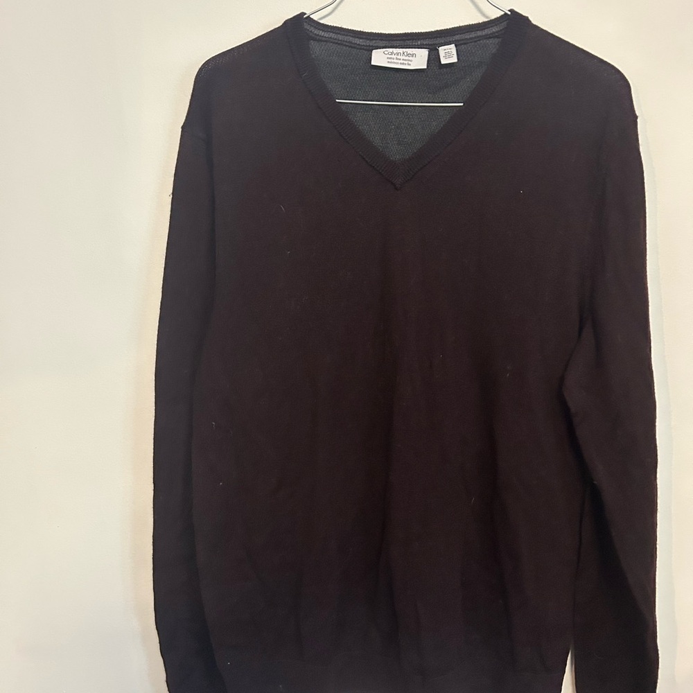 Merino Wool Calvin Klein Men's V-Neck Sweater - Rich Brown